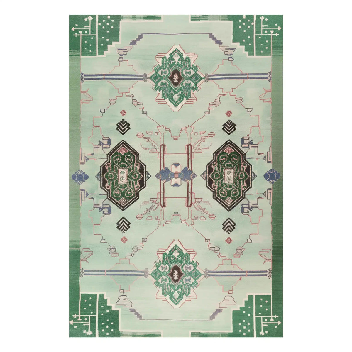 A beautifully designed area rug with a geometric pattern in green, black, and white, ideal for adding a touch of elegance to your office. This wool rug is hand tufted, making it a stylish and durable choice for rugs for office spaces.