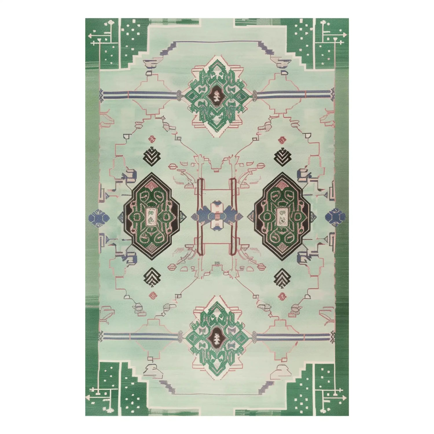 A beautifully designed area rug with a geometric pattern in green, black, and white, ideal for adding a touch of elegance to your office. This wool rug is hand tufted, making it a stylish and durable choice for rugs for office spaces.