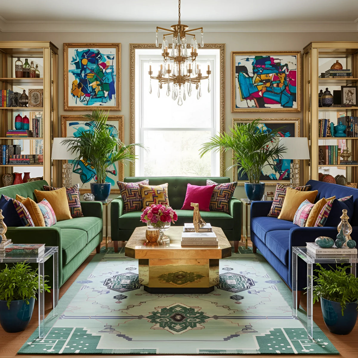 Colorful living room with green and blue sofas, a wooden coffee table, a tribal green wool rug, and decorative elements.