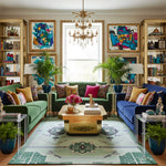 Colorful living room with green and blue sofas, a wooden coffee table, a tribal green wool rug, and decorative elements.