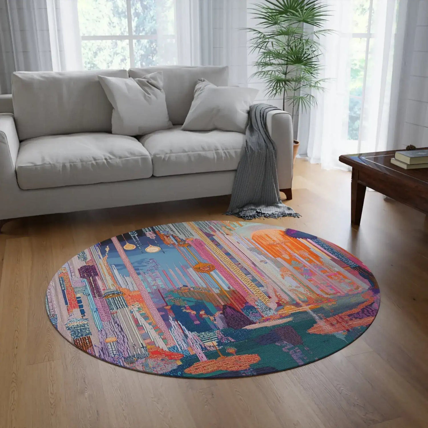 Dreamcore Grove Round Rug in bright living room with grey sofa, palm plant, and wooden coffee table, multicolored dreamcore design visible
