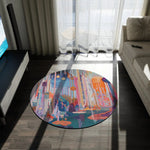 Dreamcore Grove Round Rug on dark wood floor in moody living room with TV stand and sofa, glowing bead curtain cityscape design visible