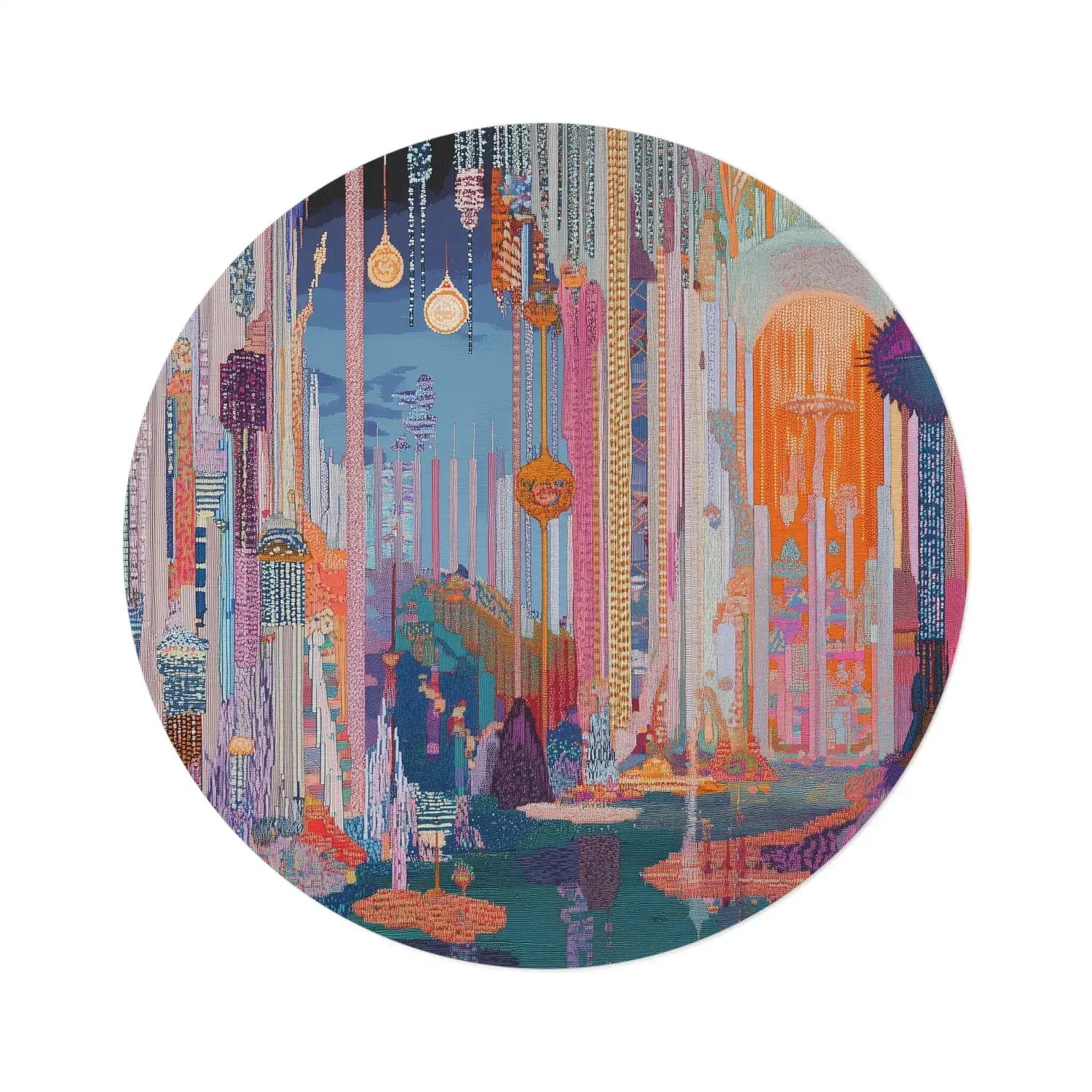 Dreamcore Grove Round Rug with surreal cityscape of glowing crystal structures, floating orbs, moonlit sky in blues, purples, and pinks