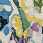 Close-up of a textured rug with floral patterns in various colors.
