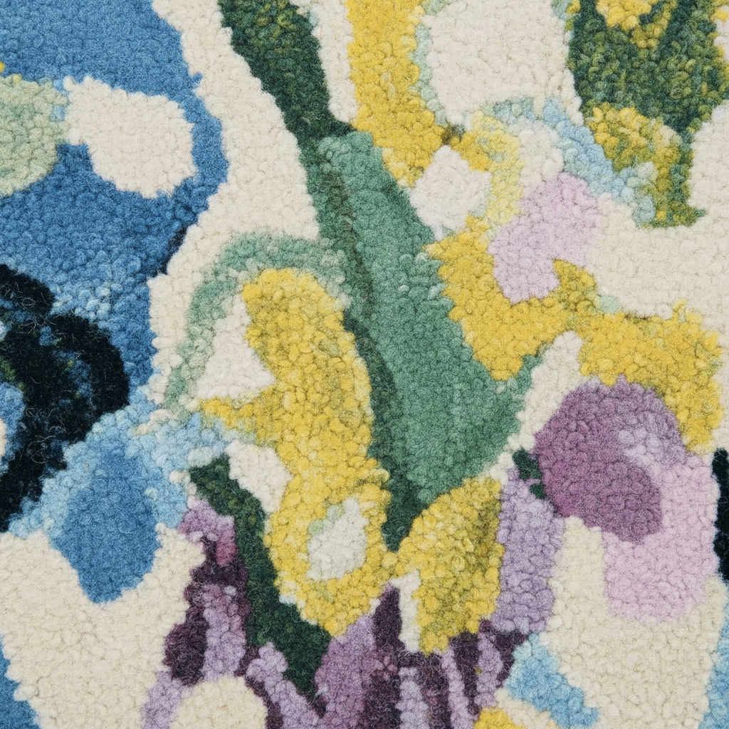 Close-up of a textured rug with floral patterns in various colors.