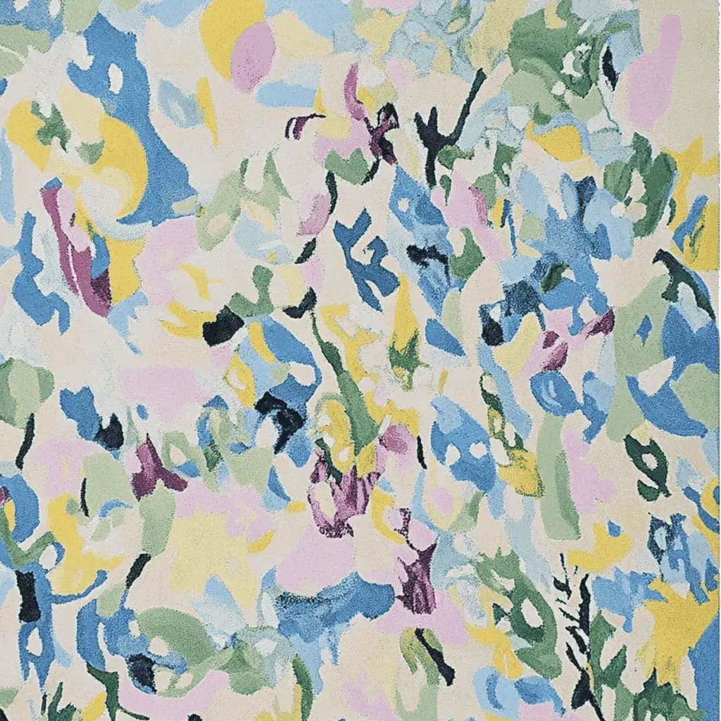 A vibrant area rug featuring a contemporary abstract pattern with splashes of pastel colors like blue, yellow, green, and pink, ideal for large living rooms. This hand-tufted wool rug measures 8x10, adding a touch of modern art to your space.