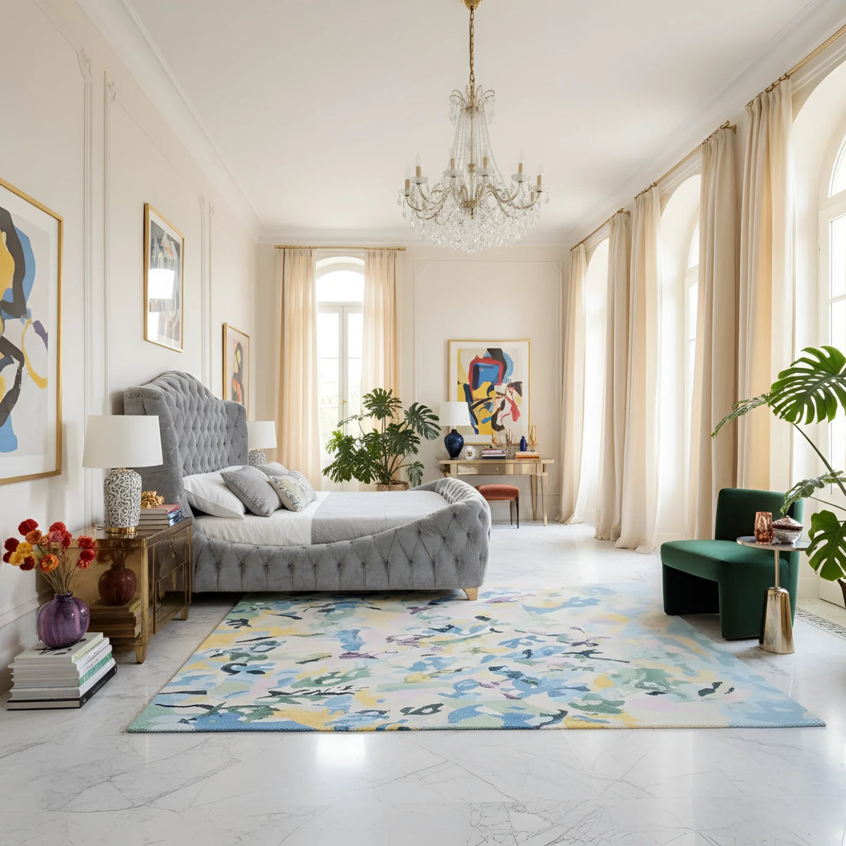 Luxurious bedroom with a gray upholstered bed, floral rug, and decorative elements.