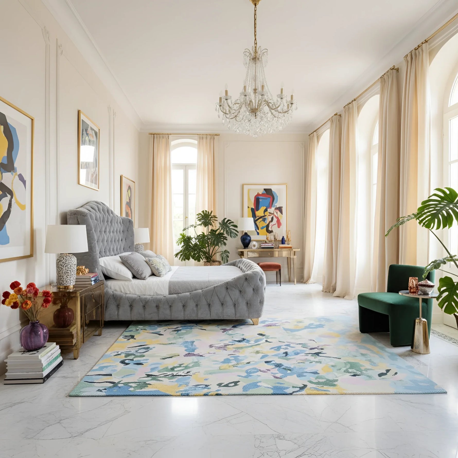 Luxurious bedroom with a gray upholstered bed, floral rug, and decorative elements.