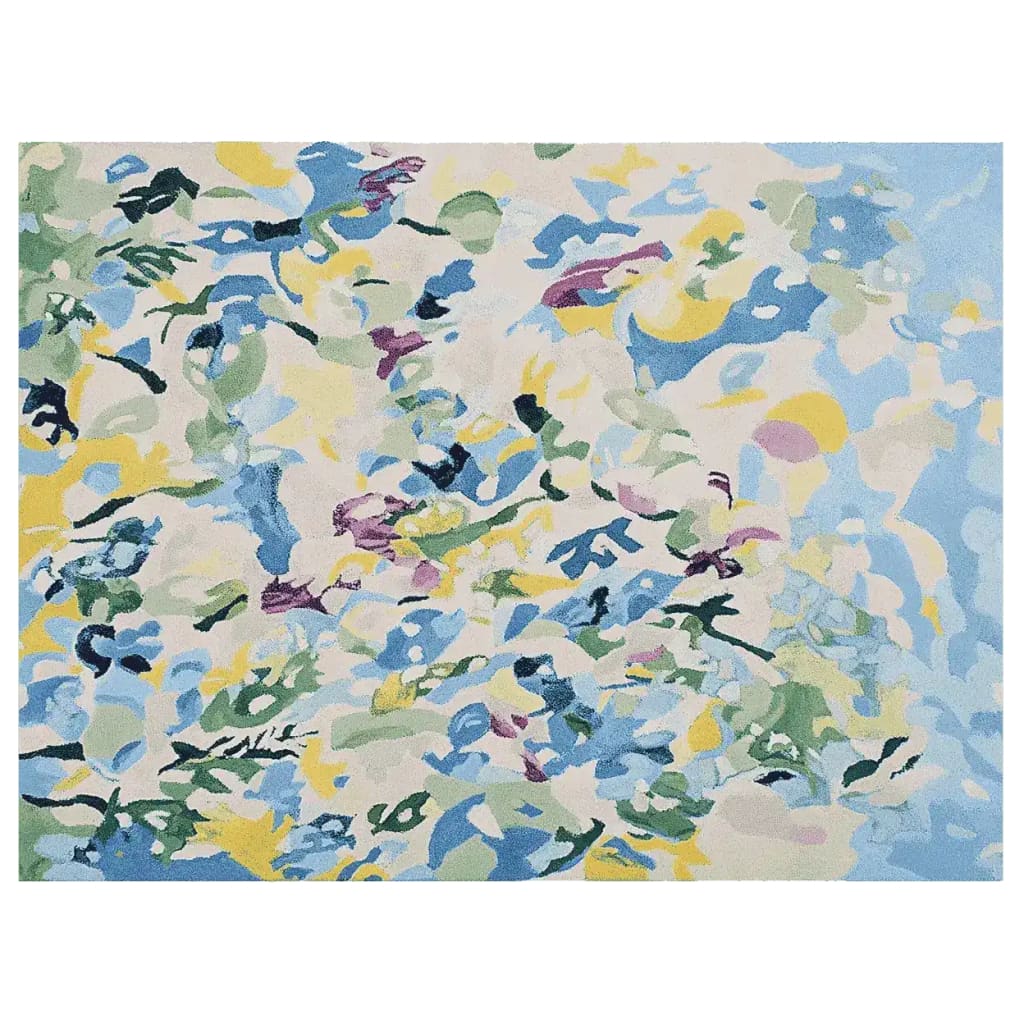A vibrant, contemporary area rug featuring a hand-tufted abstract design with a mix of blue, green, yellow, and purple hues. Perfect as a large living room rug, this 8x10 wool rug adds a modern touch to any space.