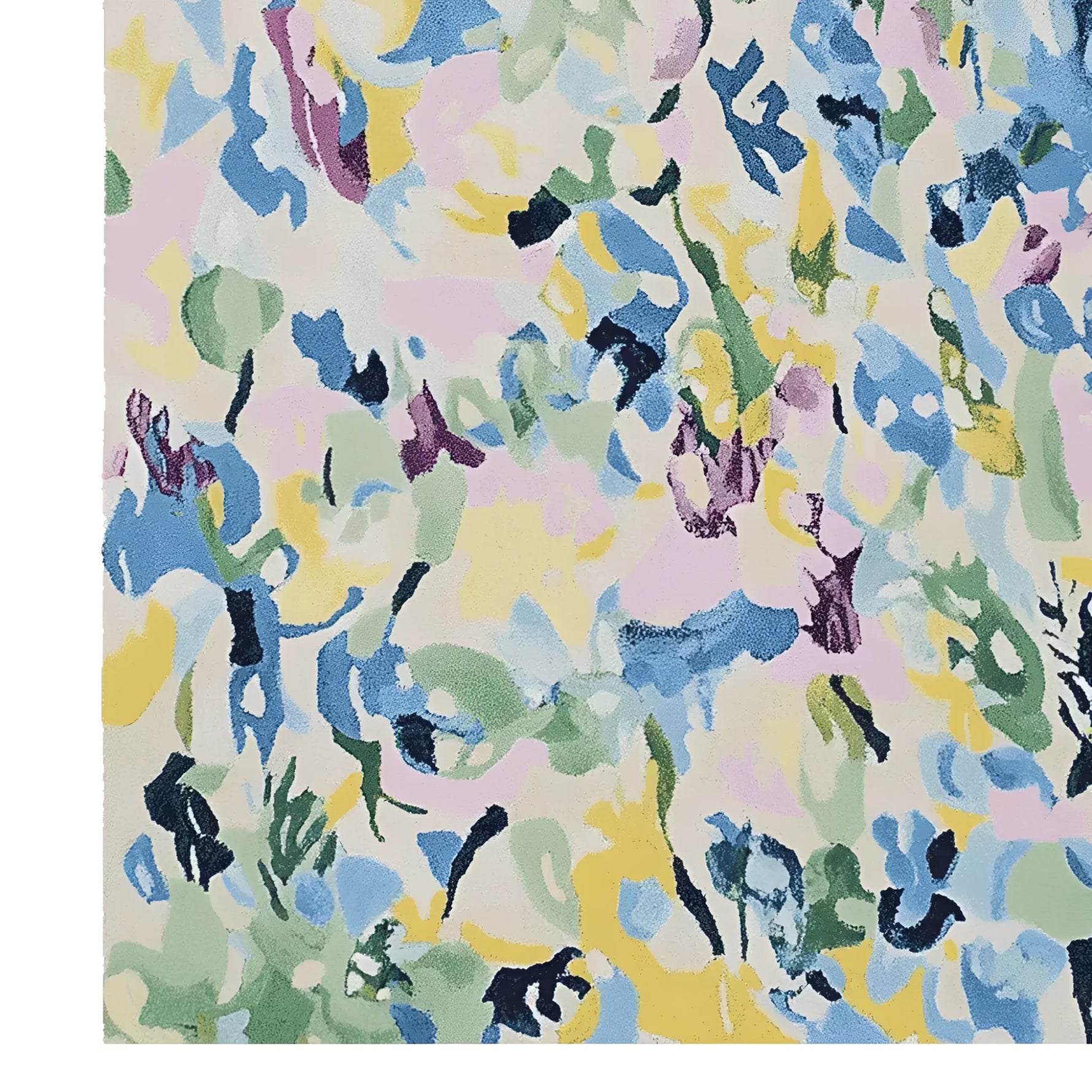 A beautifully hand-tufted area rug with a contemporary abstract design. This large living room rug, measuring 8x10, features a vibrant mix of colors like blue, green, yellow, and purple. Made from high-quality wool, it adds a modern touch to any space.