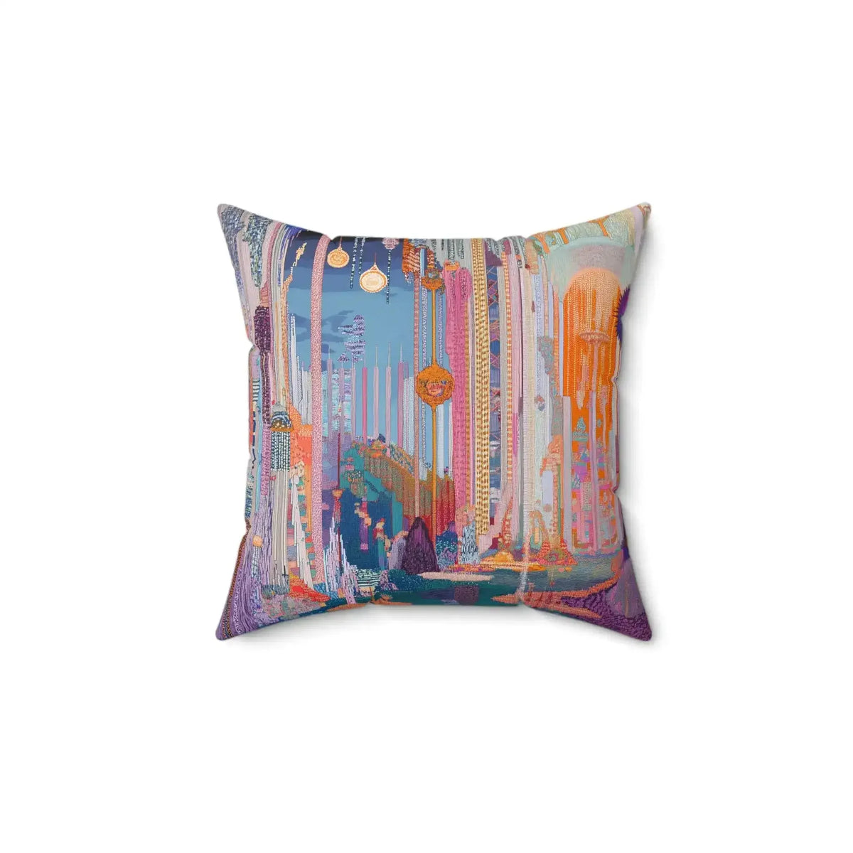 Colorful decorative throw pillow featuring an abstract dreamscape design with shades of blue, orange, and purple, perfect for adding a whimsical touch to any living space.