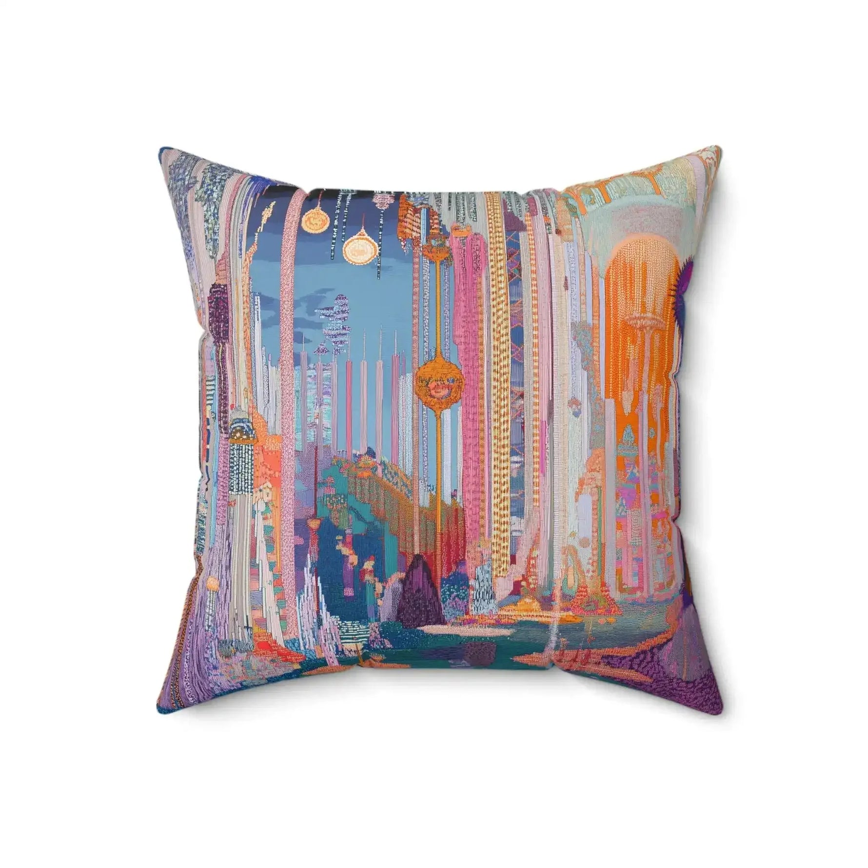 Colorful throw pillow featuring an abstract dreamscape design with vibrant colors and intricate patterns, perfect for adding a whimsical touch to any decor.