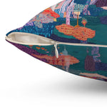 Colorful throw pillow with a vibrant abstract design and a hidden zipper detail, perfect for adding a pop of color to any room.