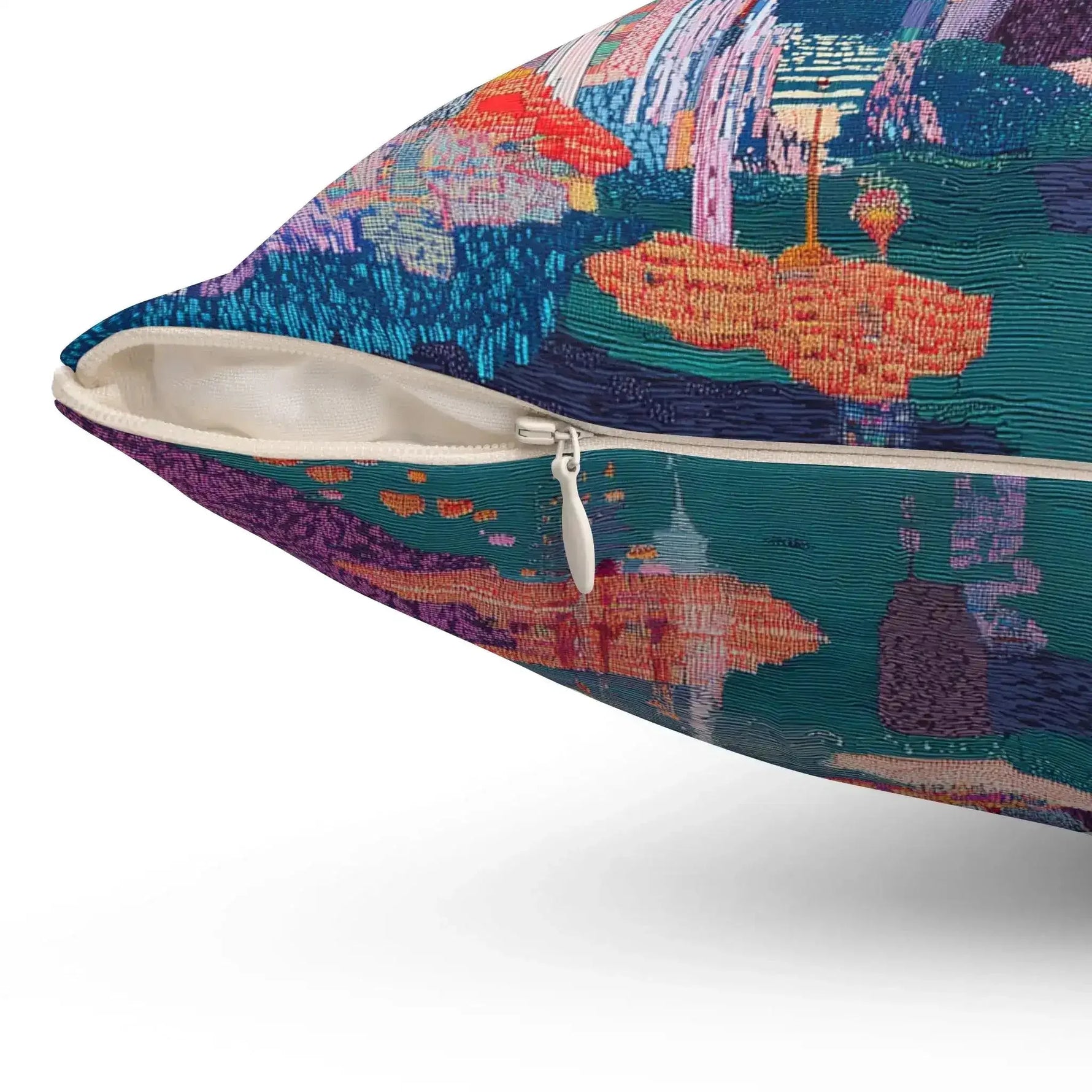 Colorful throw pillow featuring a unique abstract design with a zipper closure, perfect for home decor and comfort.