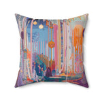Colorful throw pillow with an abstract dreamscape design featuring vibrant colors and intricate patterns, perfect for adding a whimsical touch to any decor.