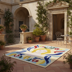 Colorful rug with artistic design on a patio with plants and furniture