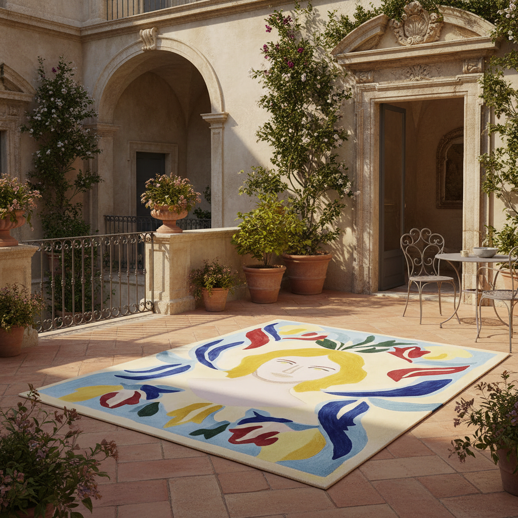 Colorful rug with artistic design on a patio with plants and furniture