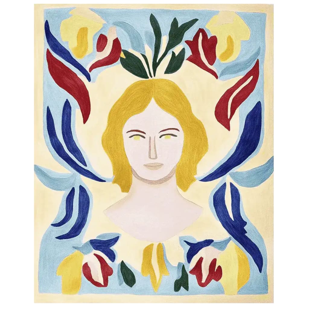 The Dreamscape Femme Bloom Hand Tufted Area Rug showcases a contemporary design with abstract floral and feminine motifs in vibrant colors. This wool rug is perfect for adding a modern touch to living room area rugs.