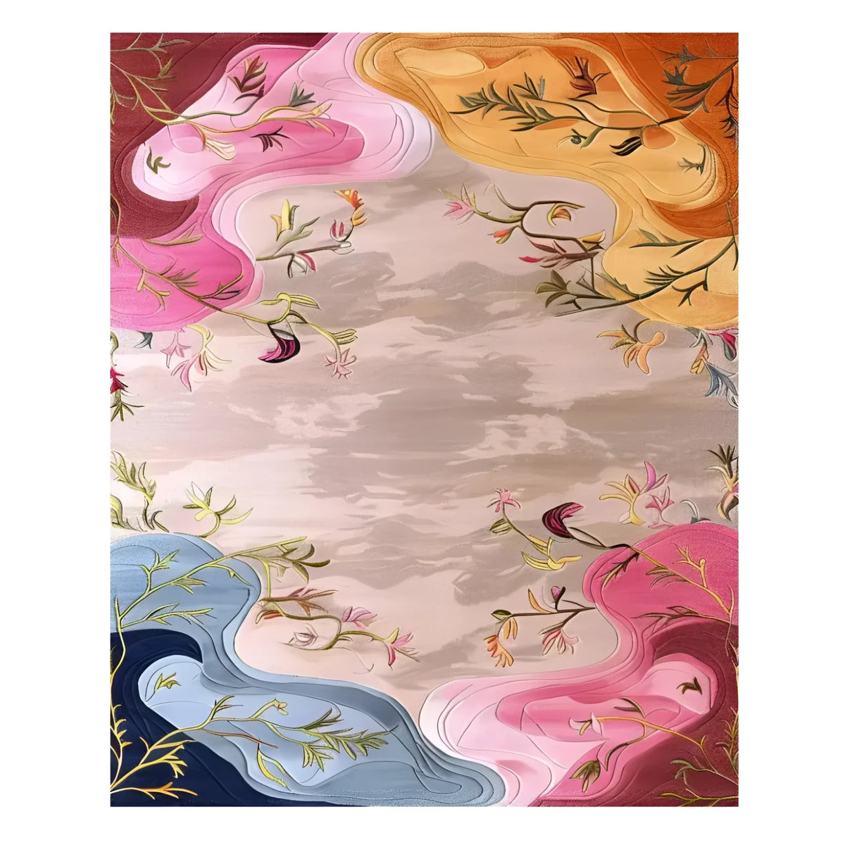 Dreamscape Garden Hand Tufted Rug featuring a vibrant, abstract design with swirling colors in pink, blue, and orange. This area rug is perfect for adding a touch of luxury to your office or bedroom. Made from high-quality wool, it's an ideal choice for bedroom area rugs or rugs for the bedroom.