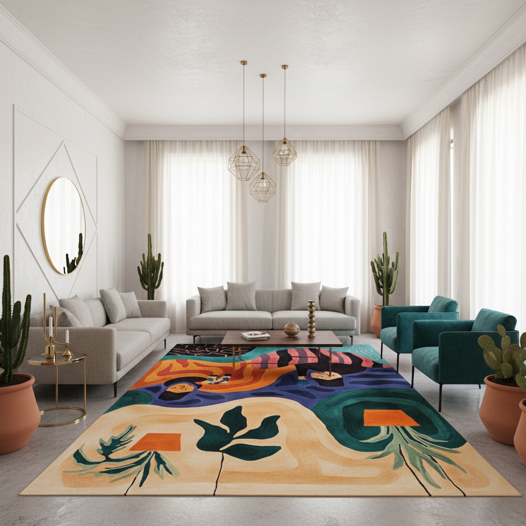 Modern living room with a colorful rug, gray sofa, and green armchair.