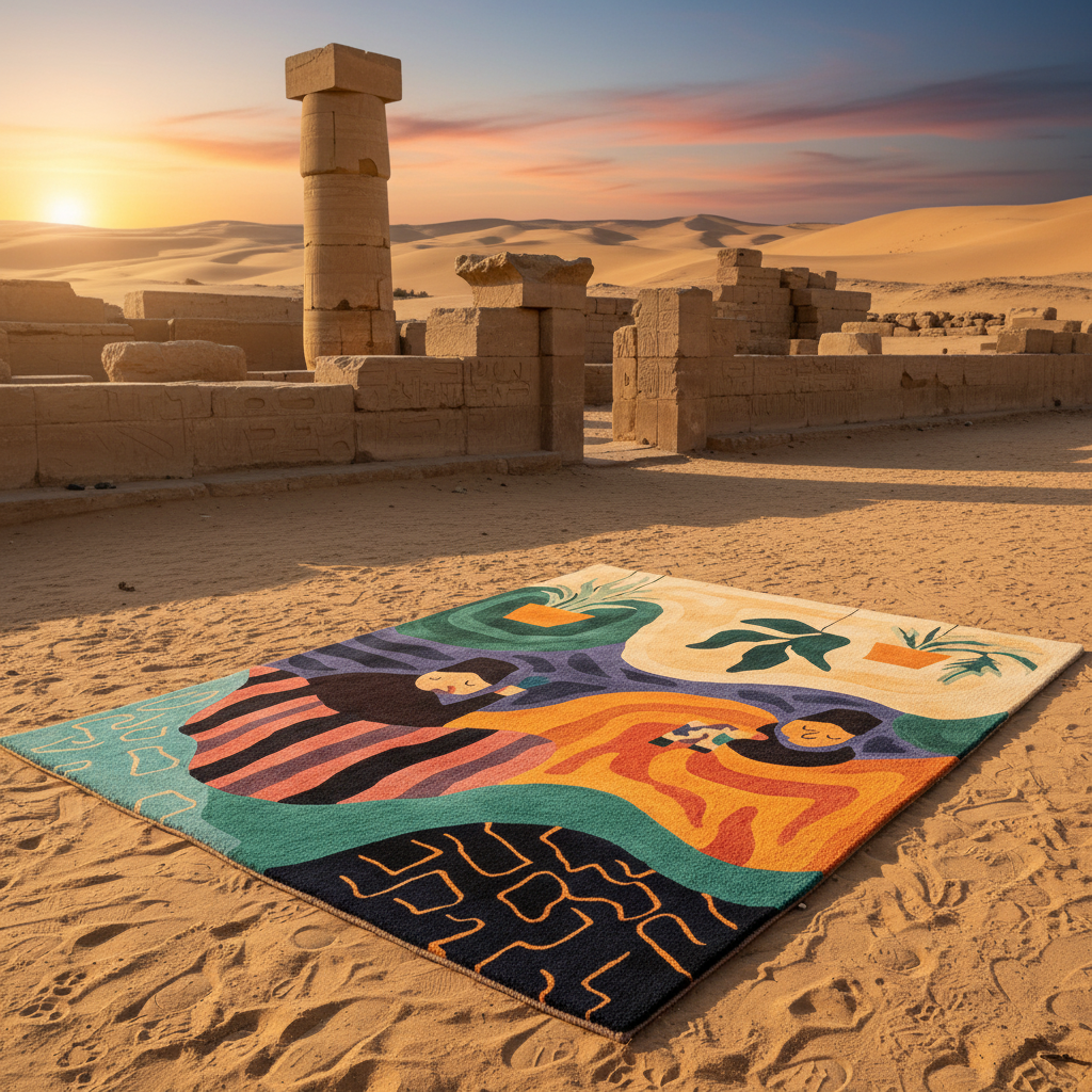 Colorful rug with abstract design on sand in front of ancient ruins at sunset