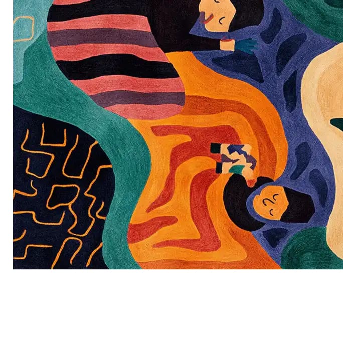 Colorful abstract design on a Dreamscape Haven Hand Tufted Wool Rug, featuring bold, swirling patterns in shades of orange, blue, pink, and green. The intricate artwork creates a striking visual impact, perfect for adding a vibrant touch to any room.