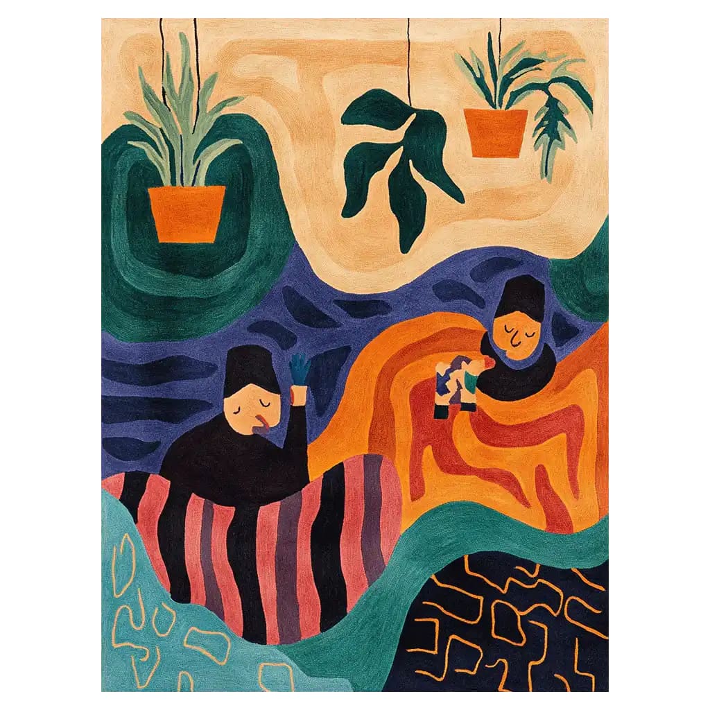A vibrant Dreamscape Haven Hand Tufted Wool Rug featuring an abstract design with bold colors of orange, blue, and green. The area rug displays artistic patterns with figures and plants, creating a whimsical and cozy atmosphere.
