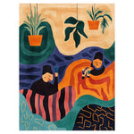 A vibrant Dreamscape Haven Hand Tufted Wool Rug featuring an abstract design with bold colors of orange, blue, and green. The area rug displays artistic patterns with figures and plants, creating a whimsical and cozy atmosphere.