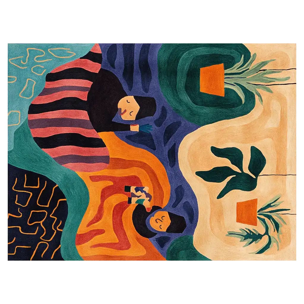 Vibrant Dreamscape Haven hand-tufted wool area rug featuring an abstract design with lively colors and whimsical patterns, including playful shapes and plant motifs.