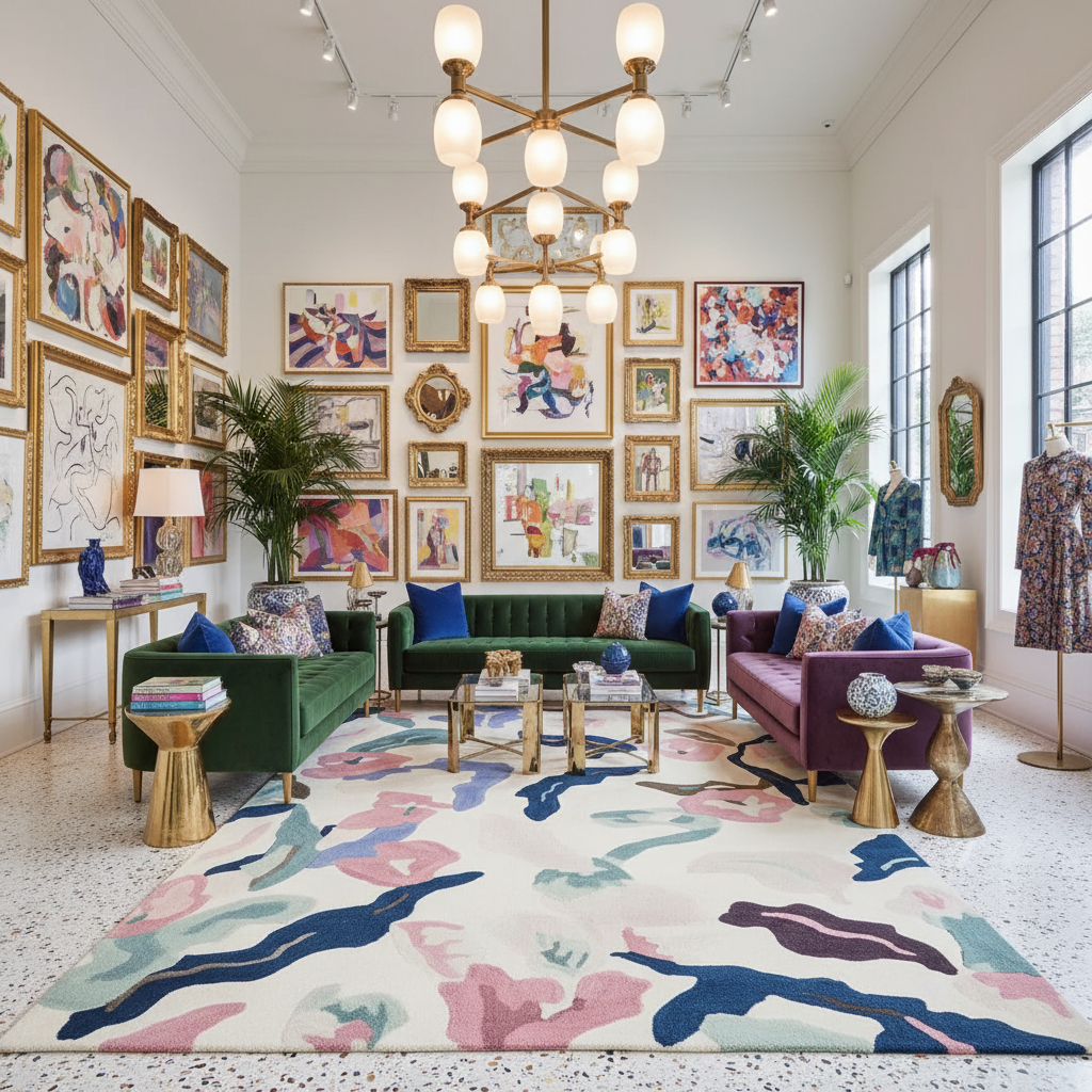 Modern living room with colorful rug, green sofa, purple armchair, and wall art.