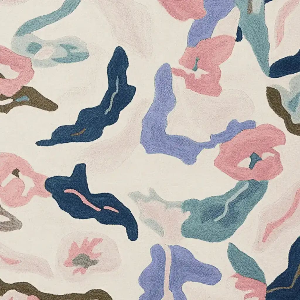 A vibrant Dreamscape Mosaic Hand Tufted Area Rug, showcasing a contemporary design with abstract patterns in hues of pink, blue, and green. Perfect for adding a modern touch to living room spaces, this wool rug is ideal as an 8x10 centerpiece, enhancing the beauty of any home decor.