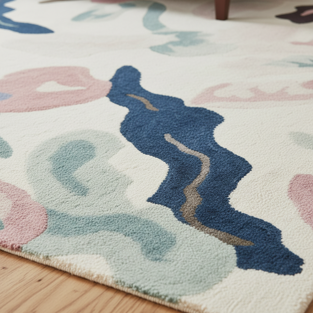 Colorful wool rug with animal patterns on a wooden floor
