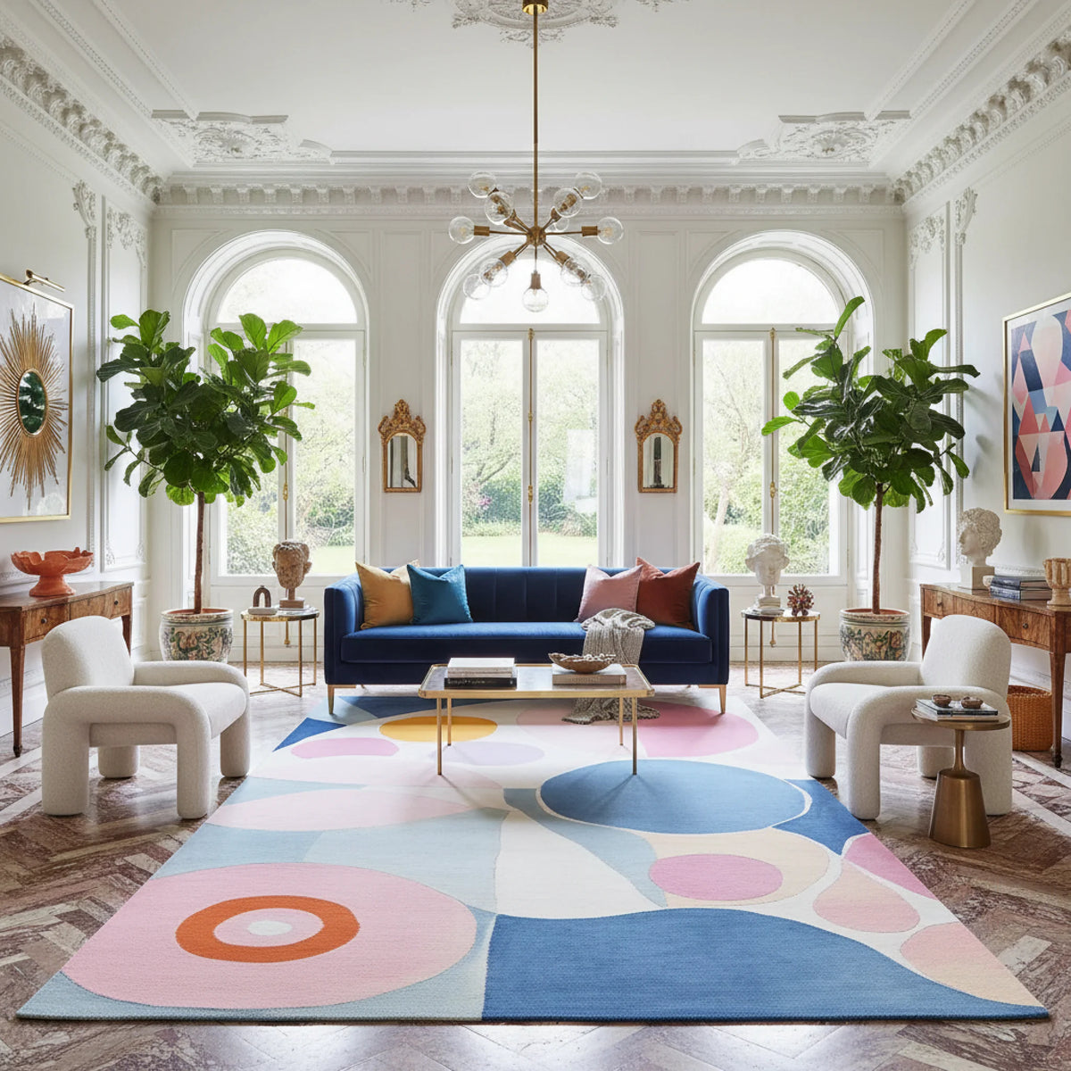 Modern living room with a colorful geometric rug, blue sofa, and decorative plants.