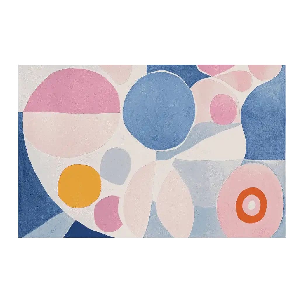 Colorful area rug showcasing a contemporary abstract design with large, vibrant circles in pink, blue, and orange hues, perfect for enhancing a large living room. This hand-tufted wool rug adds a modern touch to any living room area, combining style and comfort.