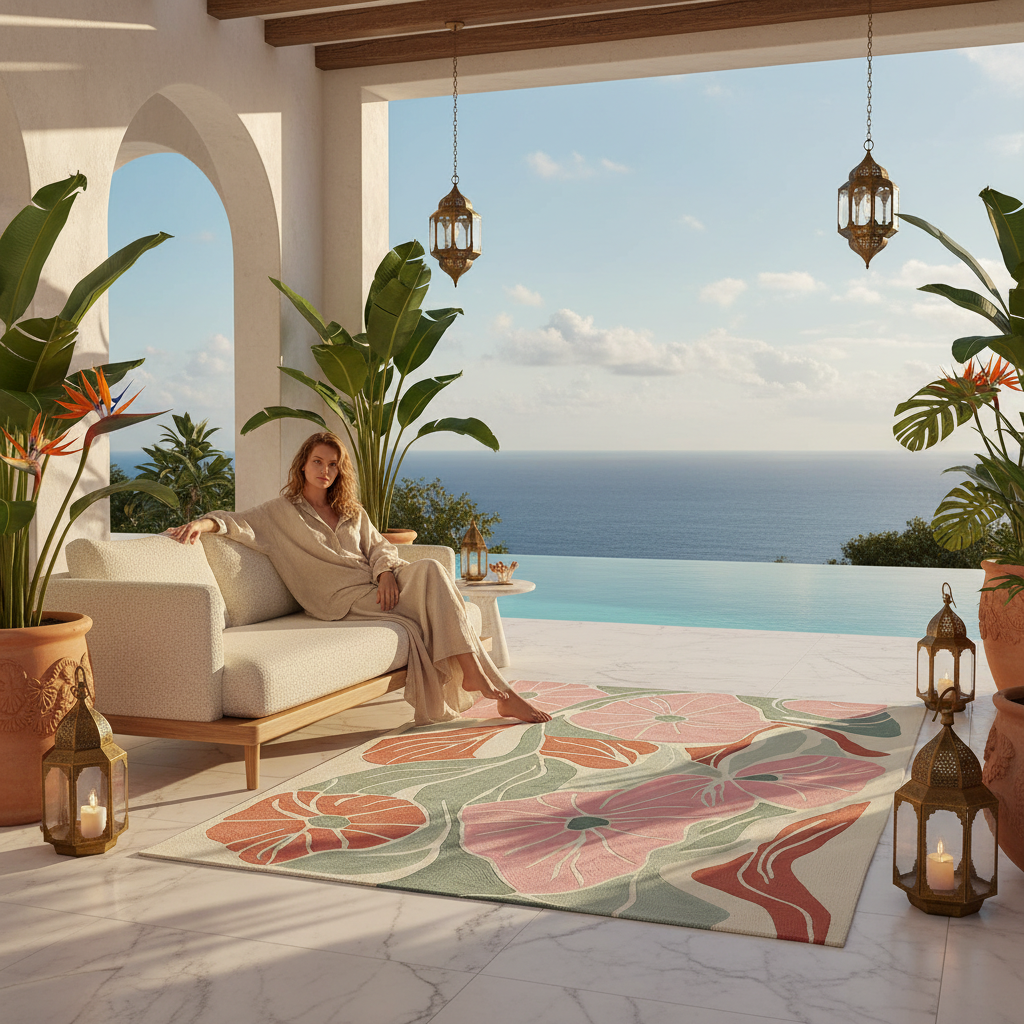 Woman sitting on a couch with a scenic ocean view, surrounded by a floral contemporary rug, plants and lanterns.