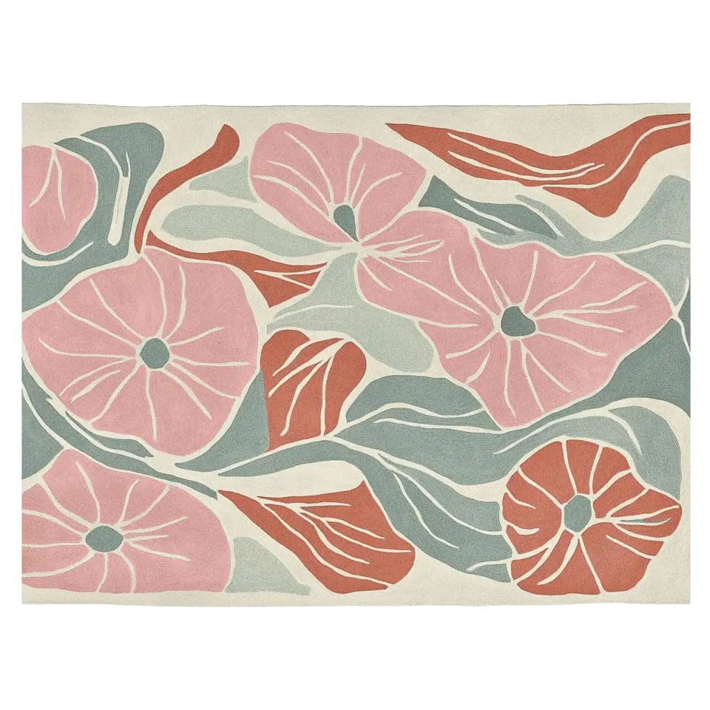The Dreamy Bloom Flow Hand Tufted Rug showcases a vibrant floral design with pink, red, and green hues. This contemporary area rug, perfect for a living room setting, measures 8x10 and is crafted from high-quality wool, making it both stylish and durable.