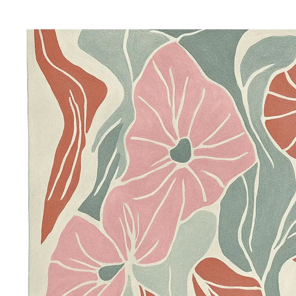 A vibrant hand tufted area rug featuring an abstract floral design in soft pink, muted green, and warm terracotta shades. Perfect for adding a contemporary touch to living room rugs 8x10, this wool rug offers a stylish and cozy atmosphere for your living room area.