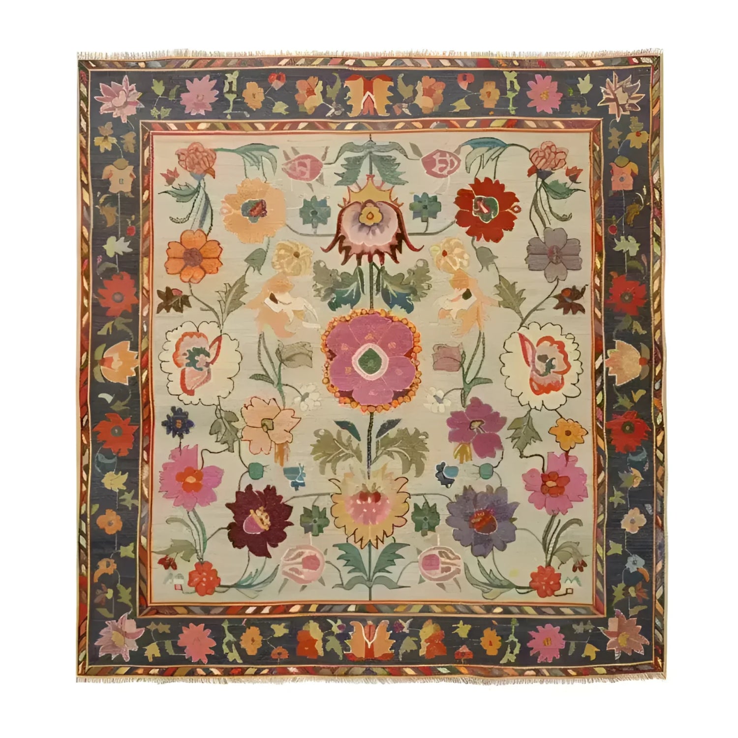 Vibrant Dreamy Floral Hand Knotted Area Rug featuring an intricate pattern of colorful flowers in shades of red, pink, orange, and green. The rug is bordered with a rich floral design, adding a touch of elegance and warmth to any space.