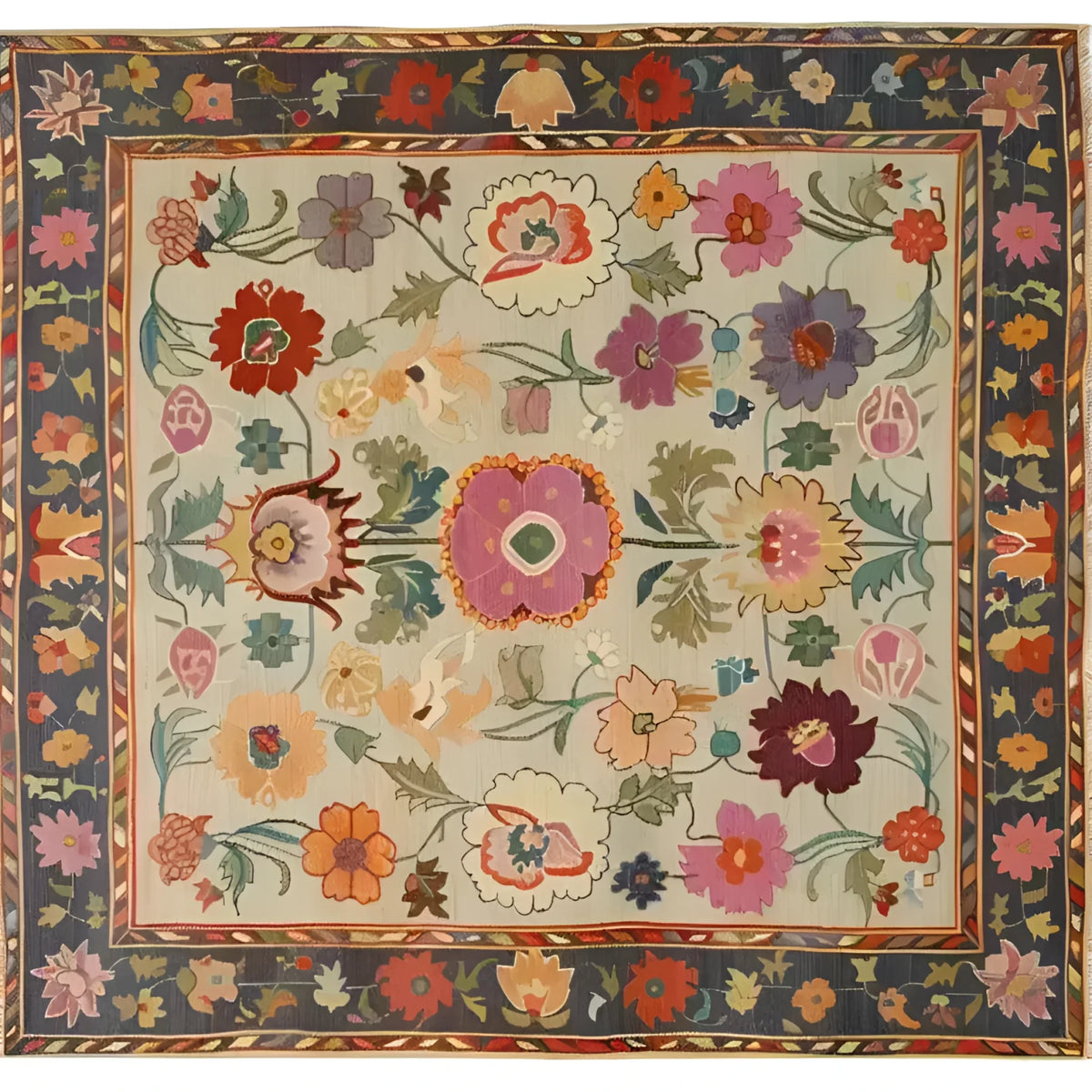 Colorful Dreamy Floral Hand Knotted Area Rug with intricate floral patterns in vibrant hues of red, purple, yellow, and green on a beige background. The border showcases a rich tapestry of floral designs, adding elegance and charm to any room.