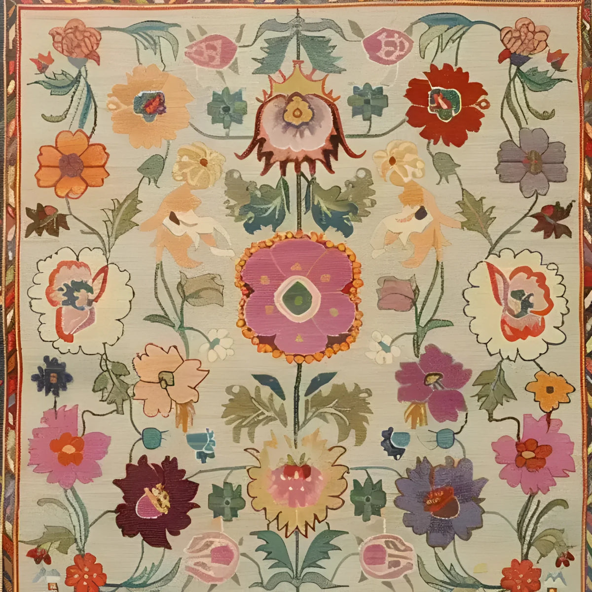 Dreamy Floral Hand Knotted Area Rug showcasing a vibrant and intricate floral pattern with an array of colorful flowers and leaves on a soft background, perfect for adding a touch of elegance to any room.
