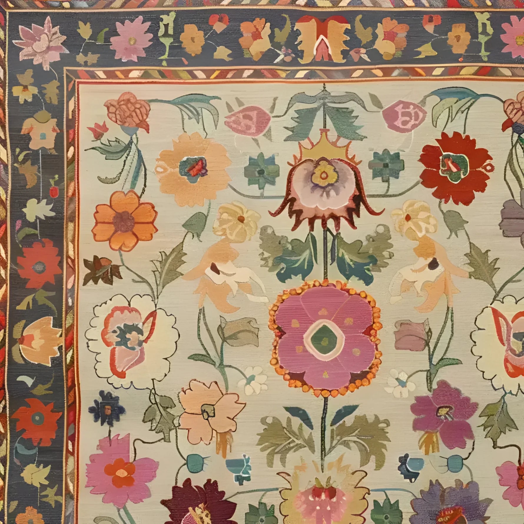 A vibrant, hand-knotted area rug featuring an intricate floral pattern in various colors. The design is framed by a decorative border with a rich blue background, enhancing the lively and detailed floral motifs.
