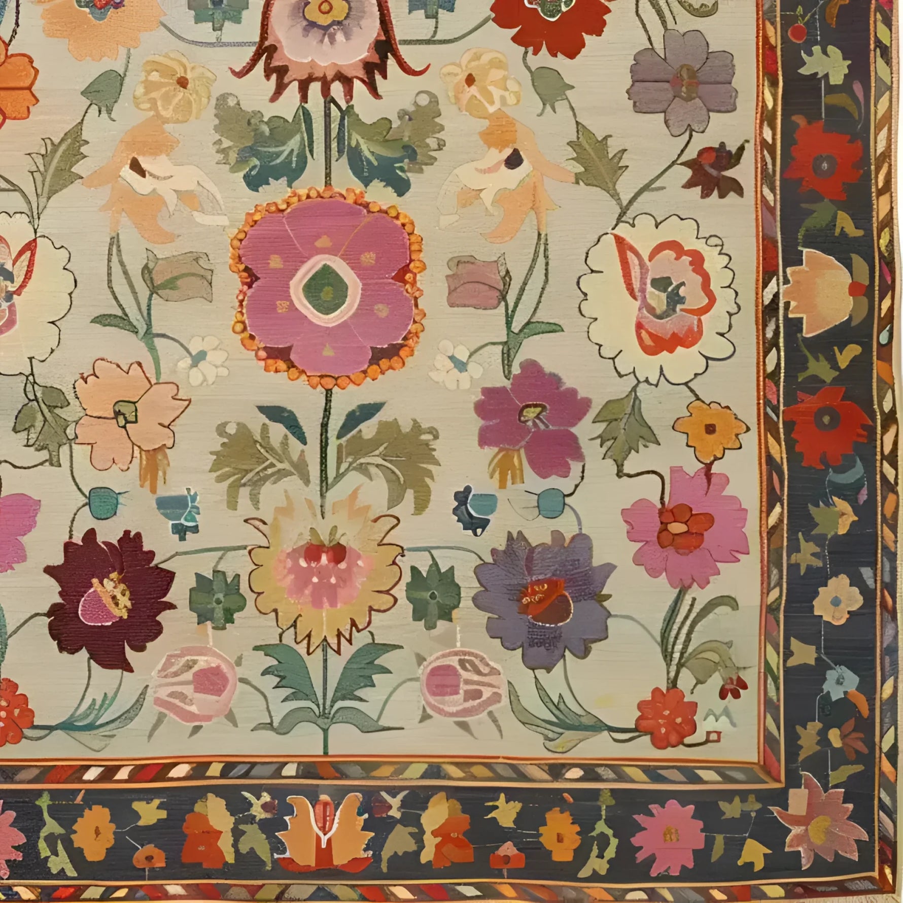 A vibrant hand-knotted area rug featuring an intricate floral pattern with colorful blooms in shades of pink, purple, and orange. The rug's border is adorned with complementary floral designs, adding elegance to any space.