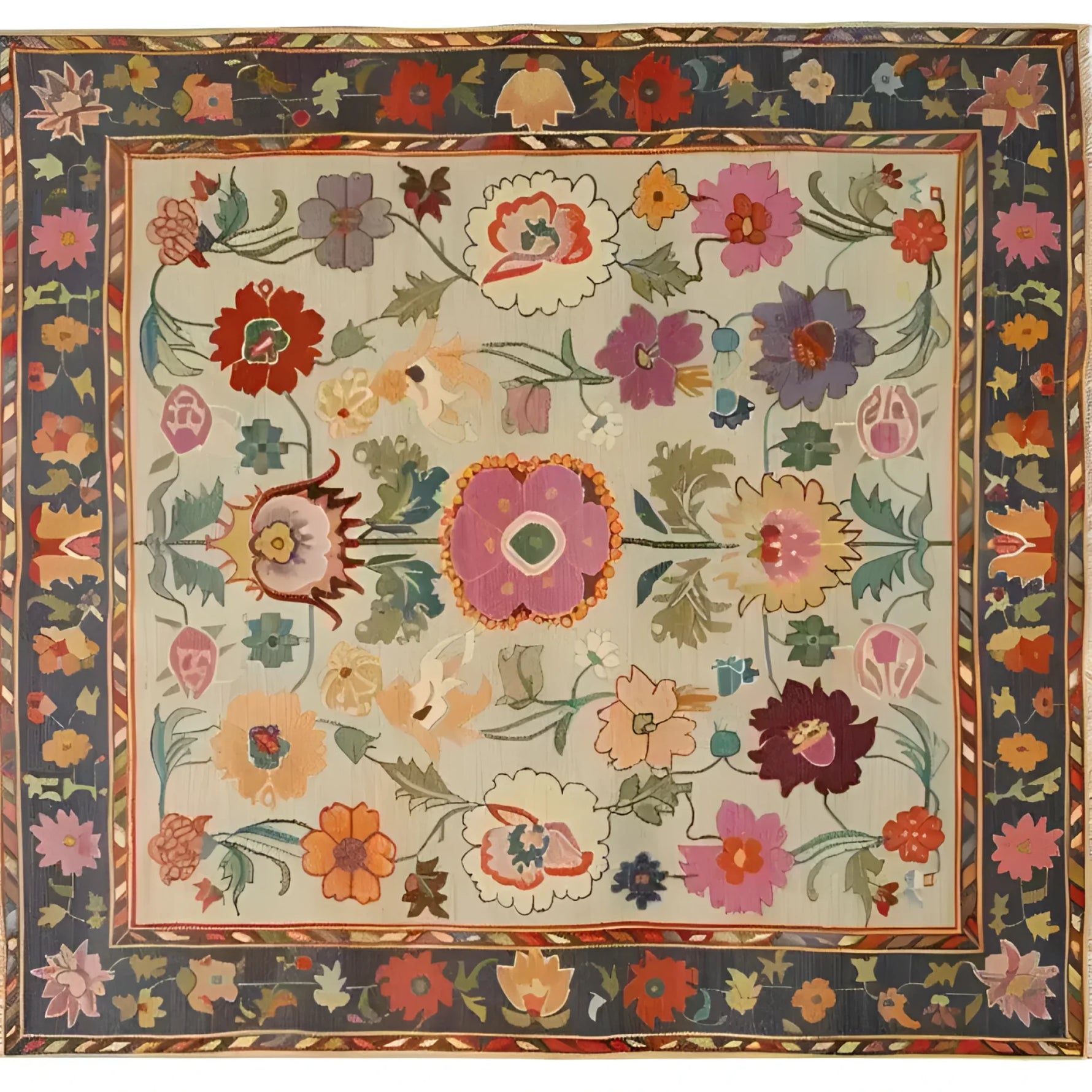 Colorful Dreamy Floral Hand Knotted Area Rug with intricate floral patterns in vibrant hues of red, purple, yellow, and green on a beige background. The border showcases a rich tapestry of floral designs, adding elegance and charm to any room.