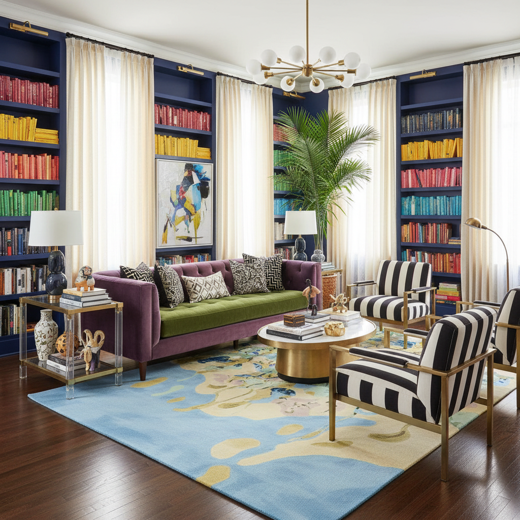 Modern living room with bookshelves, colorful rug, and striped chairs.