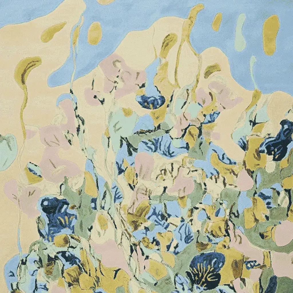 Vibrant Dreamy Vine Canopy Hand Tufted Area Rug featuring an abstract design with warm pastel shades of blue, pink, and yellow. This contemporary wool rug is perfect for adding a touch of elegance to living room area rugs.