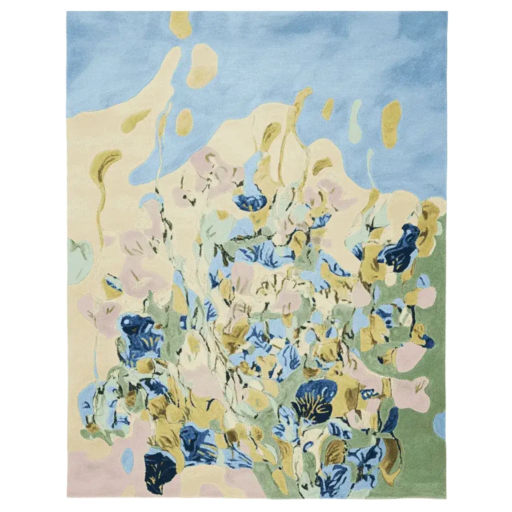 Dreamy Vine Canopy Hand Tufted Area Rug featuring a contemporary abstract design with a mix of soft pastels and vibrant blues, perfect for adding a touch of elegance to living room spaces. This wool rug offers both style and comfort, making it an ideal choice for modern home decor.