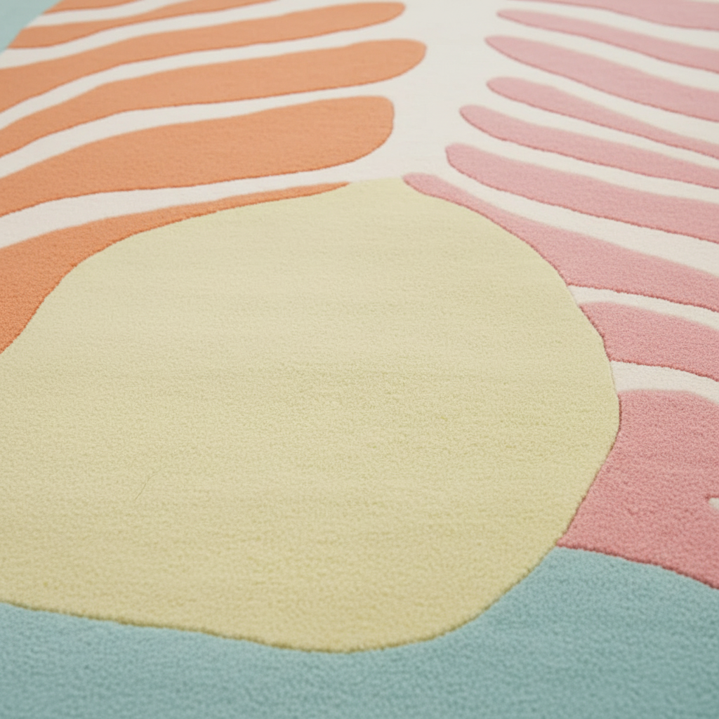 Close-up of a colorful rug with abstract patterns