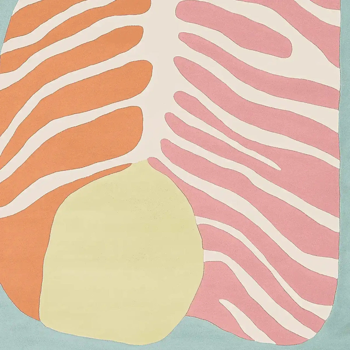 Top view of a contemporary hand tufted area rug featuring abstract patterns in pastel colors including orange, pink, and yellow, ideal for large living rooms. This wool rug showcases a unique design that adds a modern touch to any space.