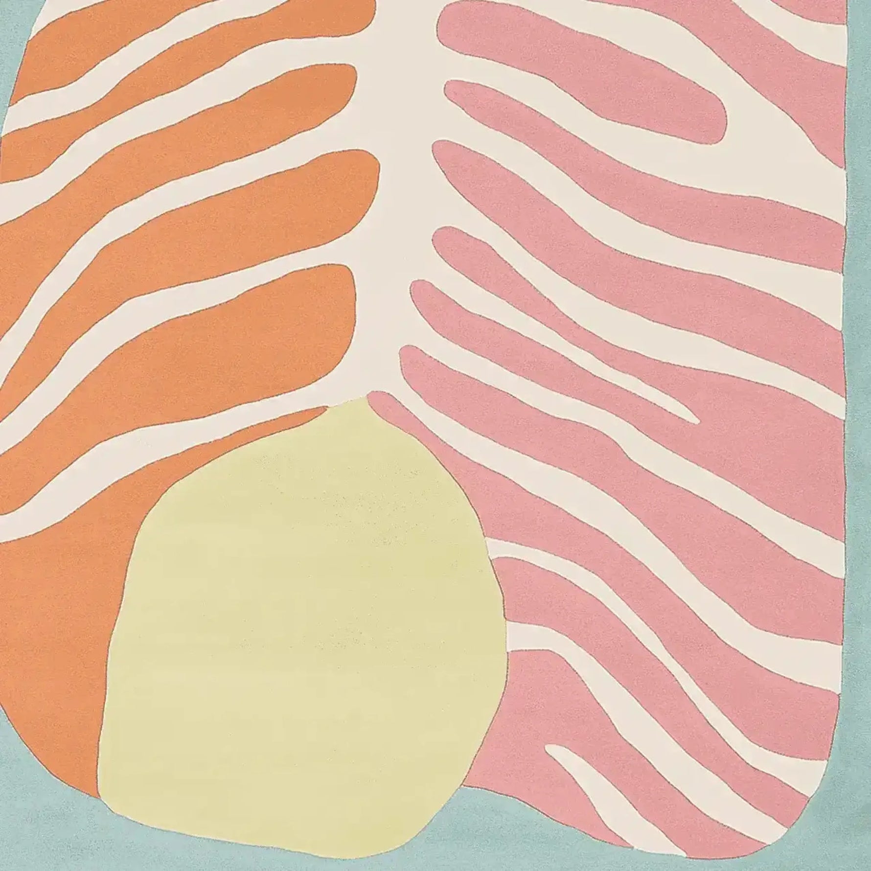 Top view of a contemporary hand tufted area rug featuring abstract patterns in pastel colors including orange, pink, and yellow, ideal for large living rooms. This wool rug showcases a unique design that adds a modern touch to any space.