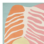 Close-up view of a contemporary area rug featuring an abstract tiger stripe design in pastel colors, perfect for adding a modern touch to large living rooms. This hand-tufted wool rug combines orange, pink, and cream tones with a light blue background, making it an ideal choice for those seeking stylish area rugs for living room spaces.